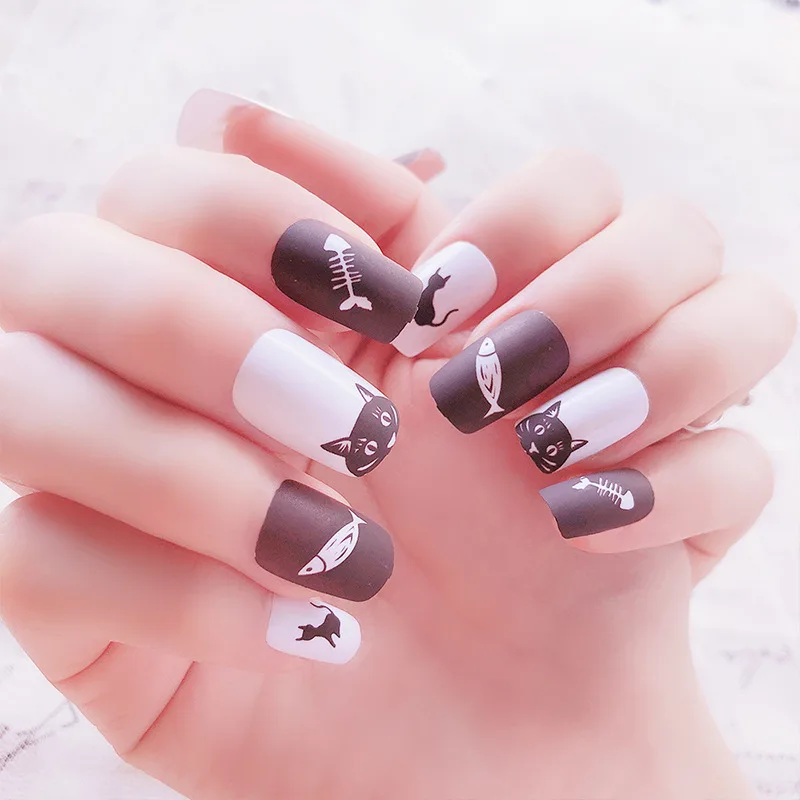 Милый черный Кот Печать поддельные ногти Полный Deaign ногтей советы с клеем девочек простой цвет Высокое качество накладные ногти короткий