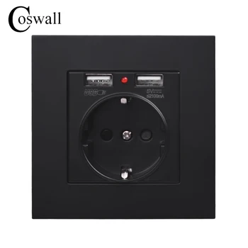 

Coswall Dual USB Charging Port 5V 2.1A Wall Charger Adapter LED Indicator 16A EU Socket Power Outlet PC Panel Pure Black Color