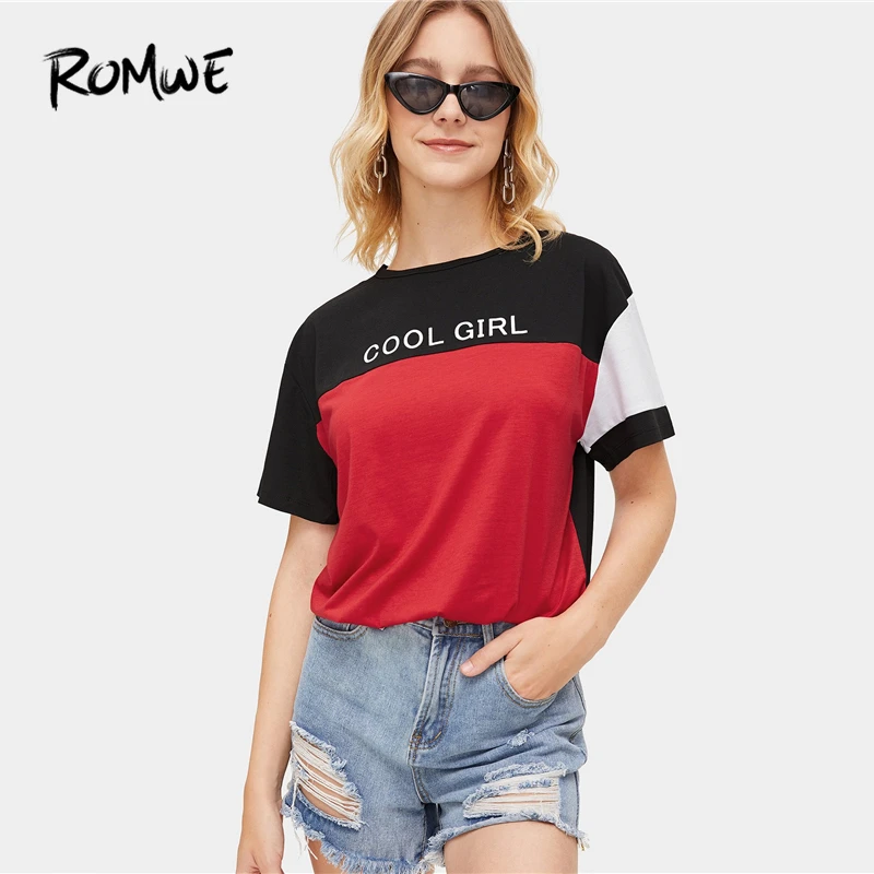 

ROMWE Letter Print Color-Block Tee 2019 Great Basic Female Chic Short Sleeve Round Neck Tees Fashion Women Summer T Shirt