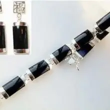 Стильный черный нефритовый комплект из браслета и серег