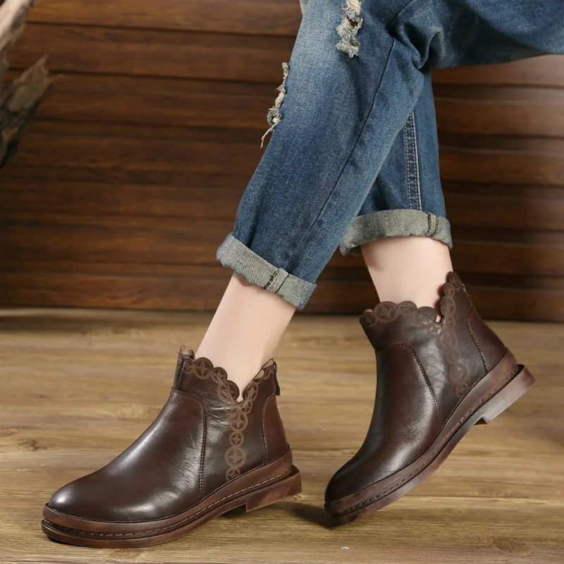 Genuine Leather Women Ankle Boots Coffee Flower Autumn Shoes For Women