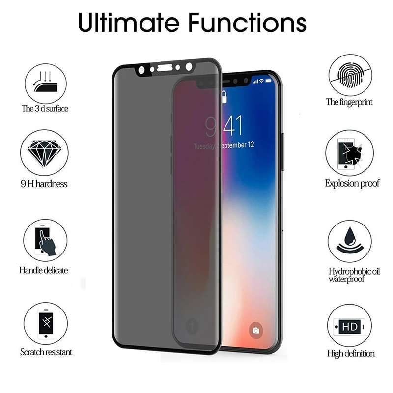 1000 шт 3D закаленное стекло против конфиденциальности для iPhone 11 Pro Max XS XR X 8 7 6 6S Plus защита экрана с желтой коробкой