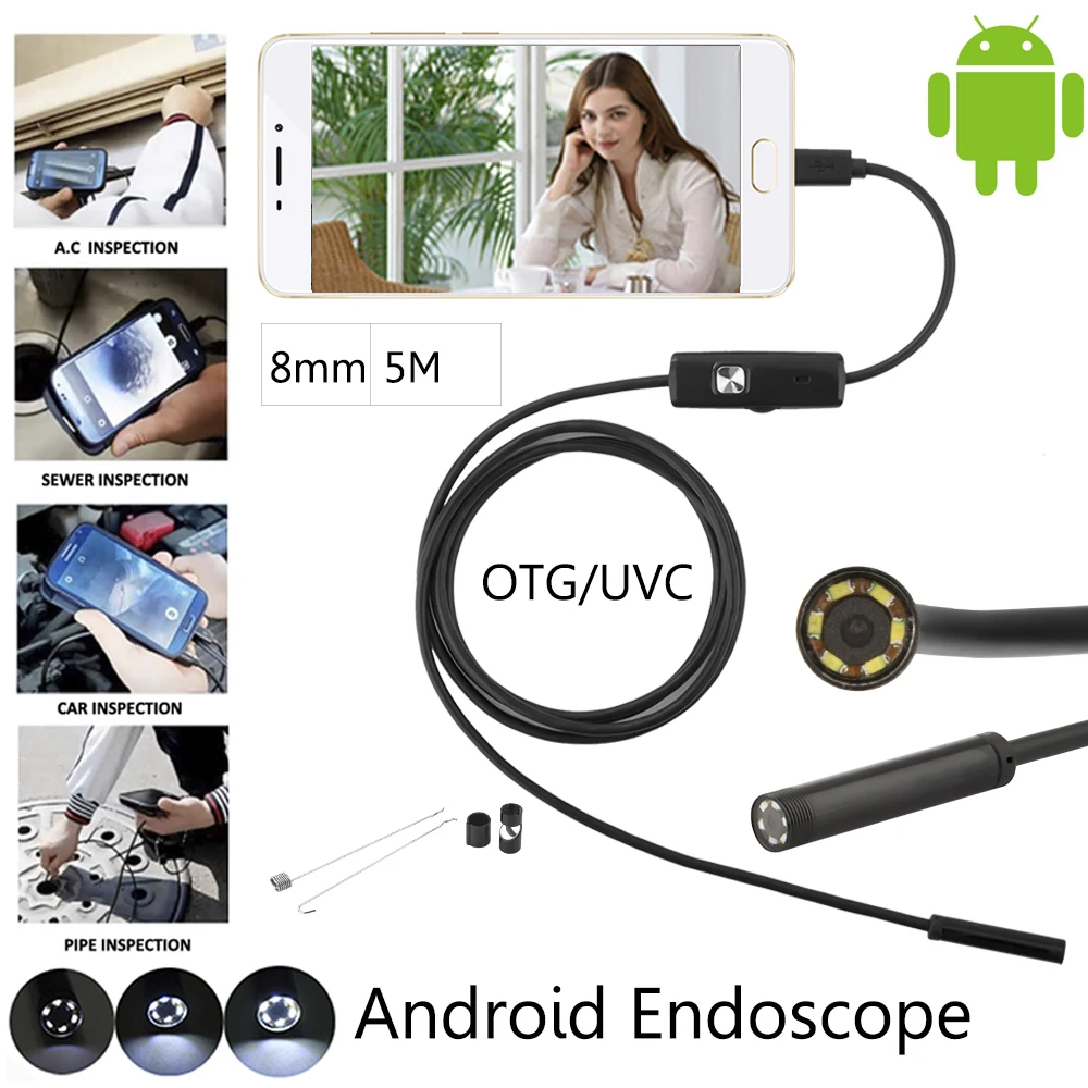 

JCWHCAM 5m 8mm Android Phone OTG Micro USB Endoscope 2MP HD Waterproof Borescope Industrial Inspection Snake Tube Camera