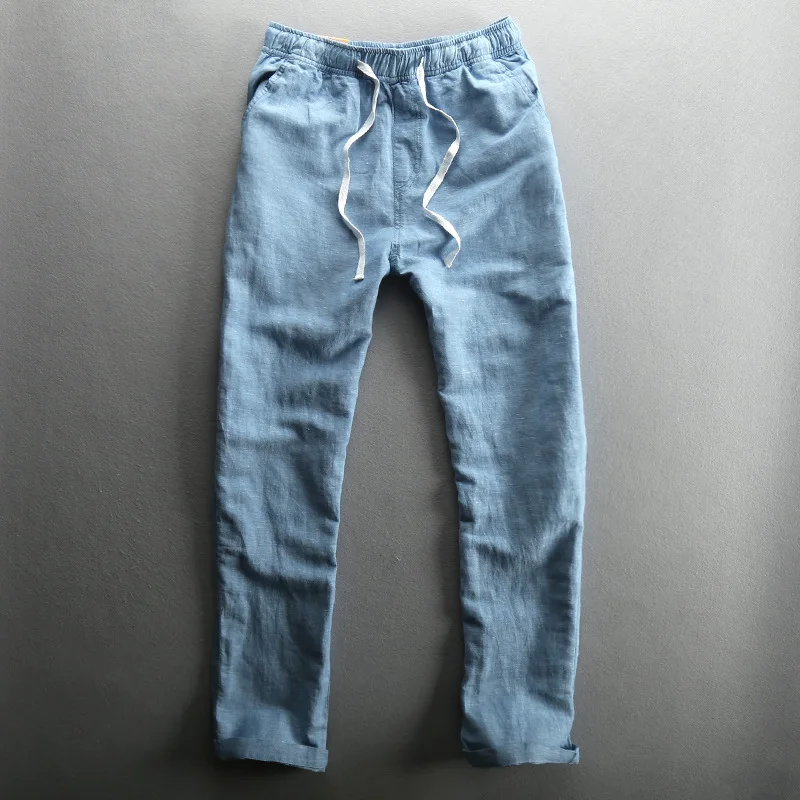 

WMSHUO High Quality Men's Summer Casual Pants Natural Cotton Linen Trousers White Linen Elastic Waist Straight Man's Pants Y108
