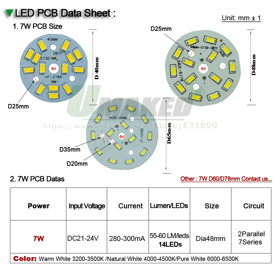 UMAKED 7 Вт 48 мм светодиодный свет печатной Instal светодиодный SMD 5730 светодиодный s Алюминий лампы пластины Теплый/натуральный /Белый Цвет для