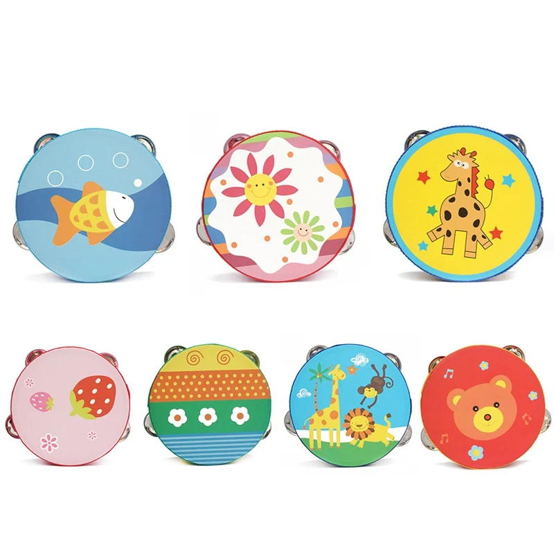 Cartoon Wooden Baby Hand Drum Toys Musical Bell Drum Kids Early Educational Grasping Toy Beat Instrument Handbell Baby Good Gift