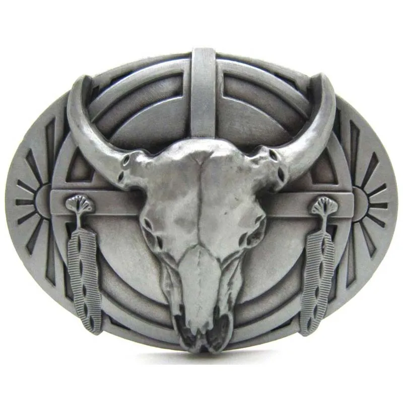 

Skull Bull Feather Sun Raise Up Western Belt Buckle