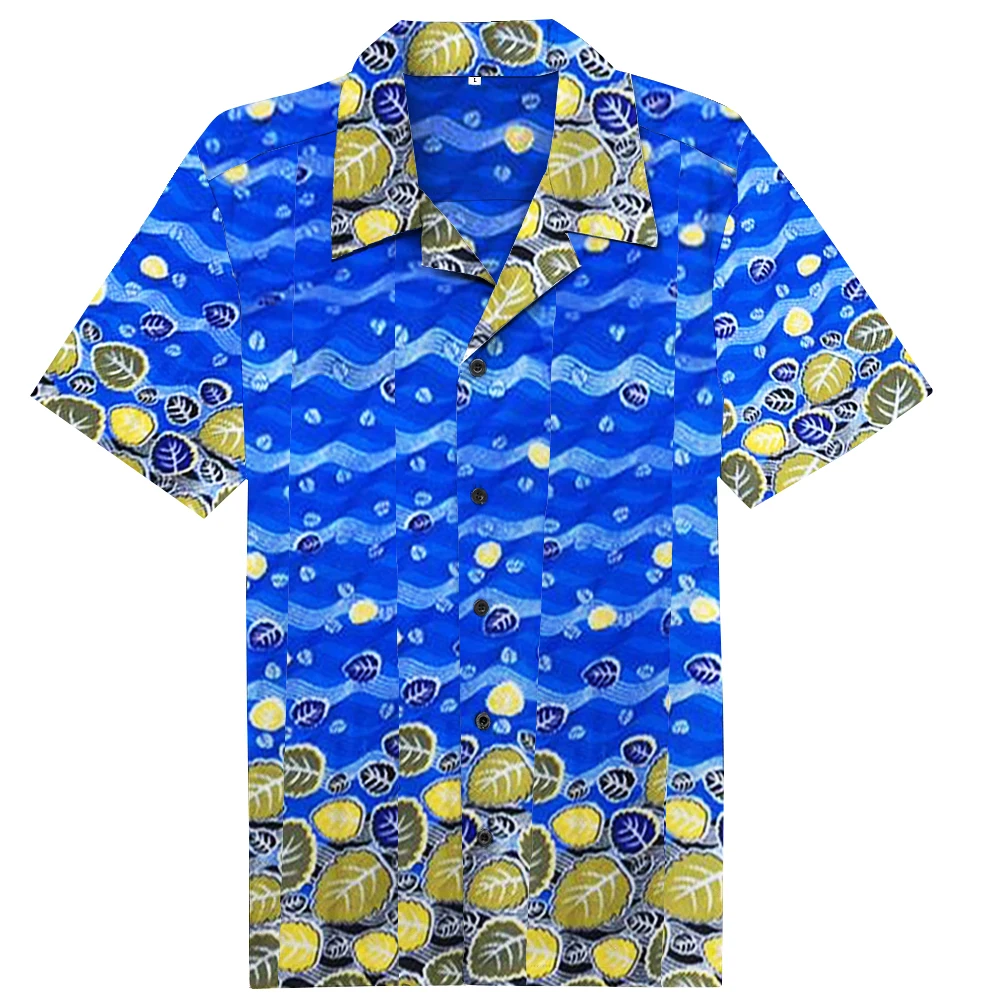 African Style Shirts Batik Pattern Men Dashiki Traditional Blue Waves Printed Cotton Short Sleeve Mens Clothing
