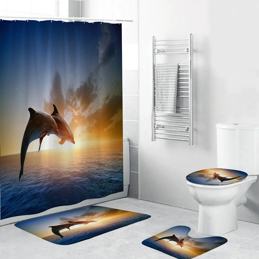 

shower curtain 4PCS Non Slip Toilet Polyester Cover Mat bathroom set with shower curtain objet decoration maison cortina d