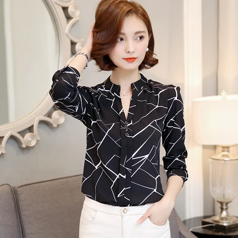 

2017 New Arrival Elegant Sexy V-neck Blouses Plus Size Female Shirt Autumn Womens Office Work Lady Chiffon Blouses
