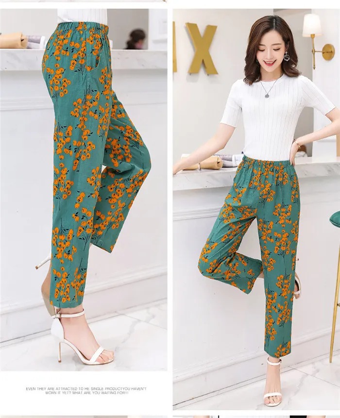 Летние женские брюки корейские хлопковые льняные клетчатые брюки с эластичной талией повседневные Прямые брюки с высокой талией брюки размера плюс XL-5XL