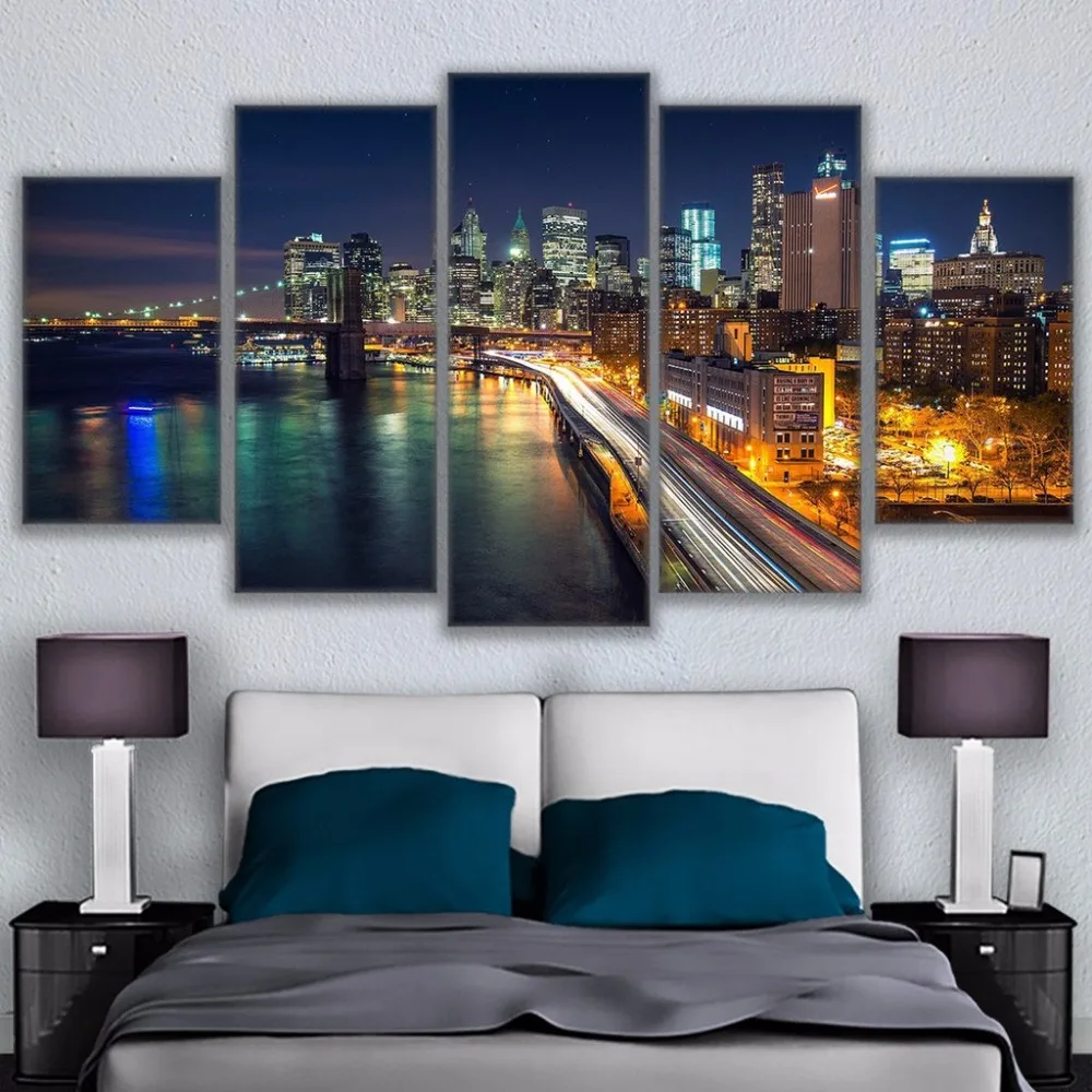 Modern Canvas Picture Wall Art Home Decor 5 Pcs Brooklyn Bridge Waterfront City Nightscape Painting HD Prints Poster can as gift