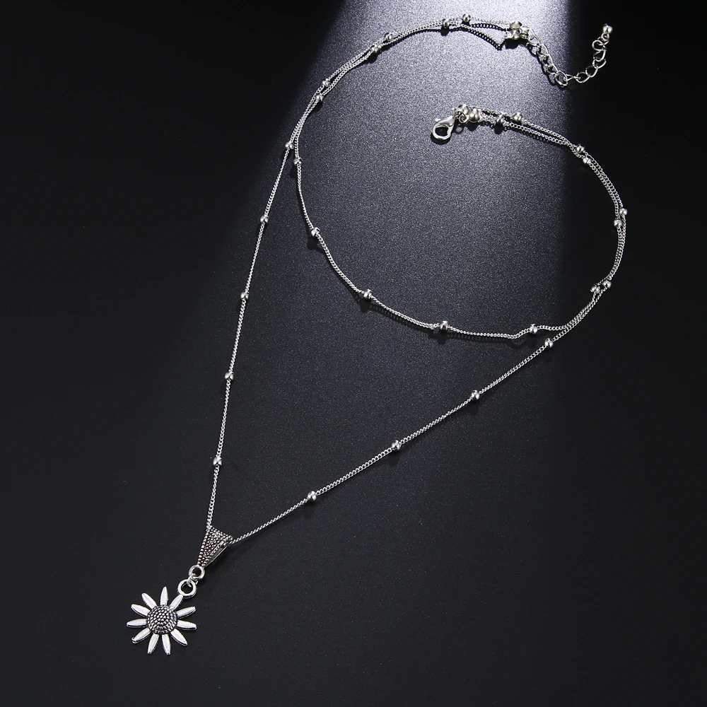 New Vintage Double Layered Sunflower Silver Chain Satellite Bead Choker Women Pendant Necklaces Simple Dainty Jewelry Gifts - Image 5