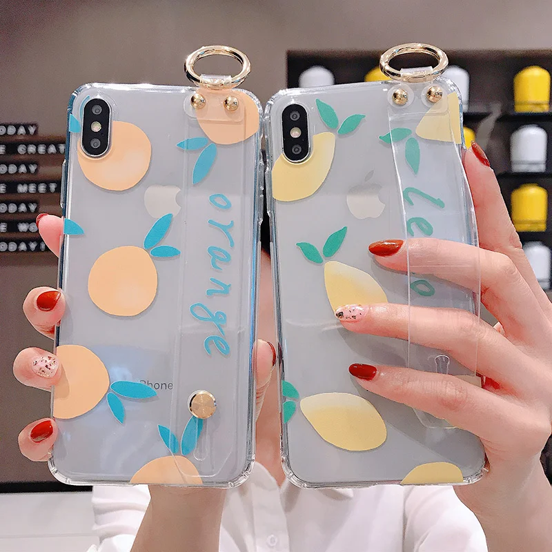 

Phone Holder Case For iphone 7 8 6 6s plus Case Fruit Soft Silicone For iphone X XS max xr Wrist Strap Support Case BacK Cover