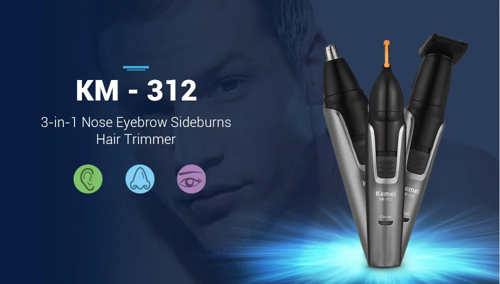 Kemei KM-312 Перезаряжаемые NoseTrimmer 3-в-1 для бровей ухо бакенбард волос триммер washableremovable головка Уход за лицом машинка для стрижки волос