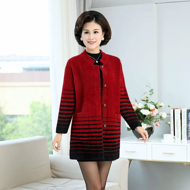 Skup 2019 kobiet w średnim wieku sweter wysokiej jakości płaszcz gruby futro z norek kobiet jesień i zima aksamitna długa kurtka