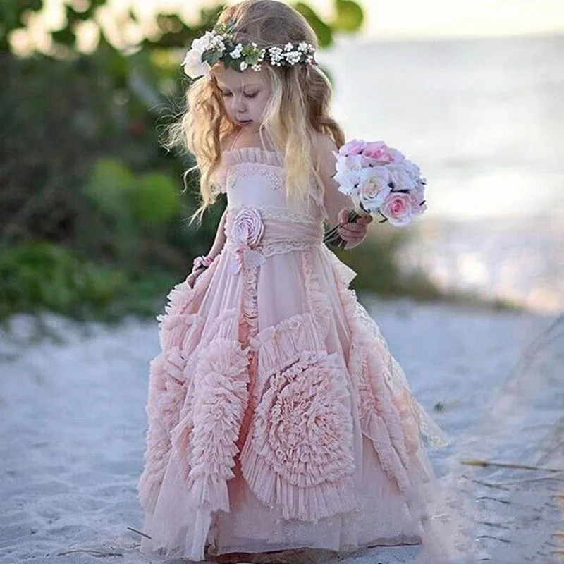 Прекрасный Румяна Розовый Холтер Пляж Тюль платья для девочек в цветочек свадьбы Красивые спинки Boho дети день рождения