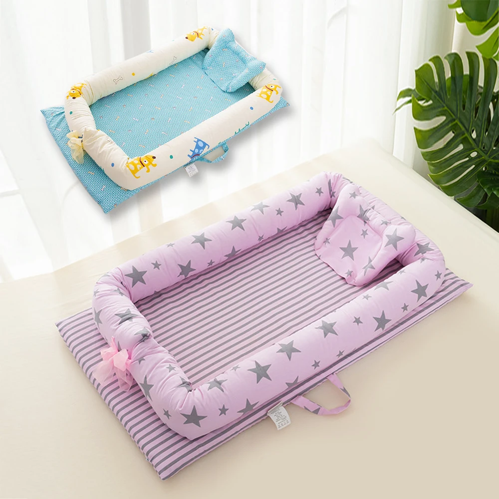 

Portable Cartoon Baby Bed Soft Cotton Baby Nest Infant Crib Travel Bed Crib with Pillow Toddler Cradle Children's Bed Babynest