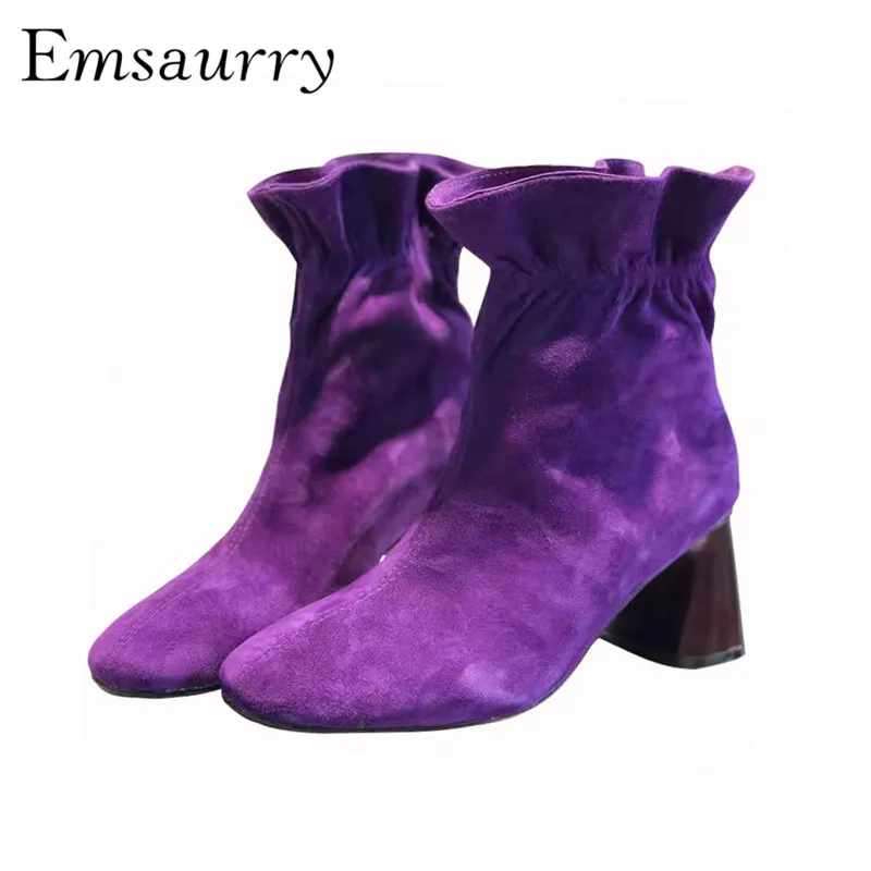 

Soft Suede Ankle Boots Women Chunky Heel Round Toe New Autumn Winter Glove Shoes Ruffles Short Booties