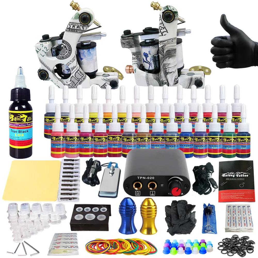 

1 Set Tattoo Kit 28 Inks Power Supply Needle Grips Tips Complete Tattoo Machine Set for Beginner Starter 2 Pro Machine Guns