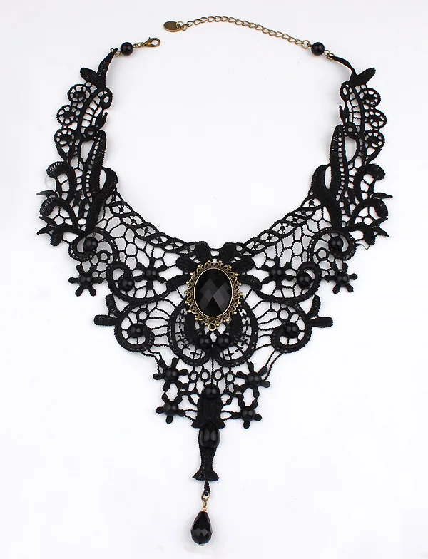 

2016 Vintage Palace Gothic False Collar Black Beads Gem Hollow Flowers Lace Bib Necklace & Pendants Short Choker Necklaces Women