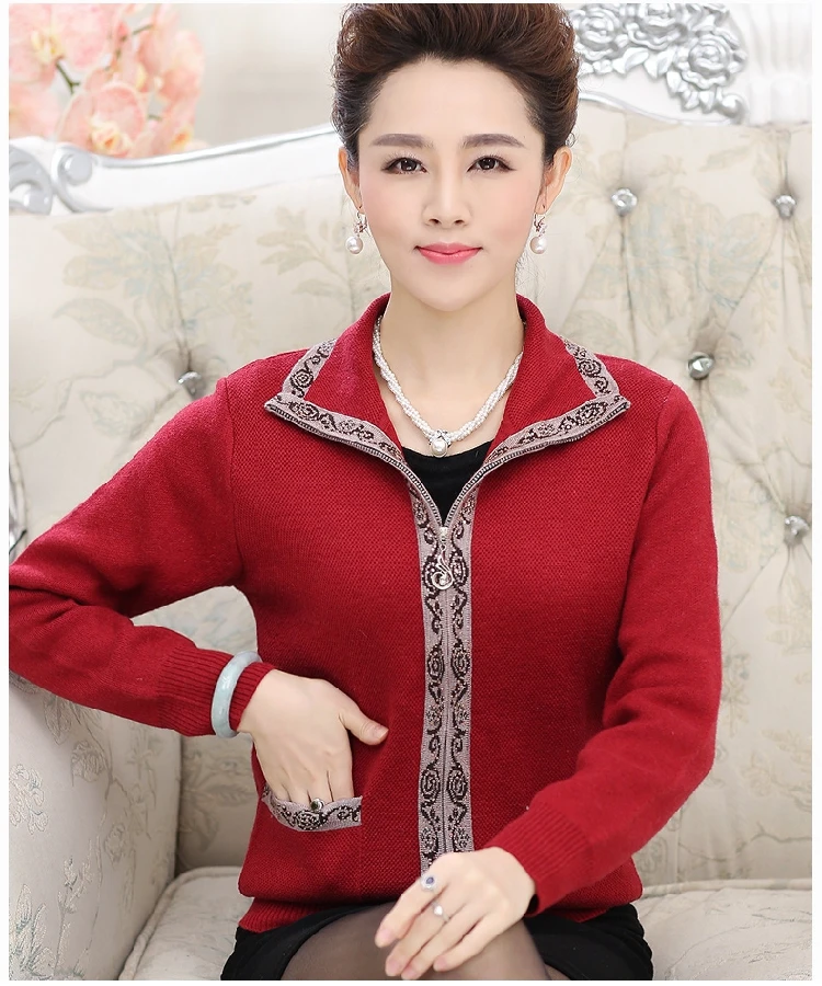 New Women's Plus Size Sweater Outerwear Mother Long Sleeve Cardigan Zip-up Women Knitted Jackets Spring Autumn Winter Tops C398