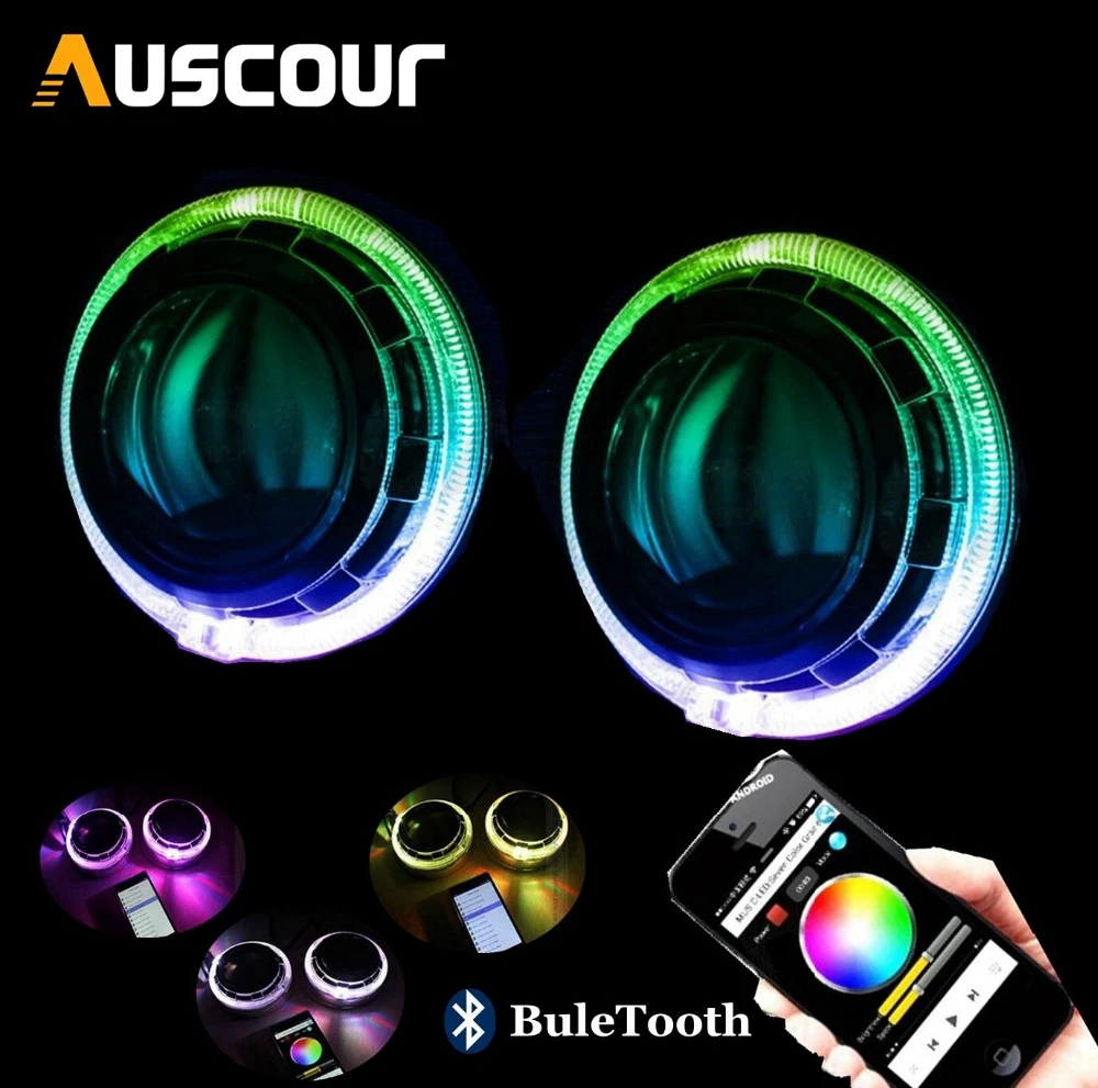 

2pcs hid Bixenon projector lens led angel eyes shrouds kit Bluetooth APP Control RGB LED Angel Eyes Color-changing mask