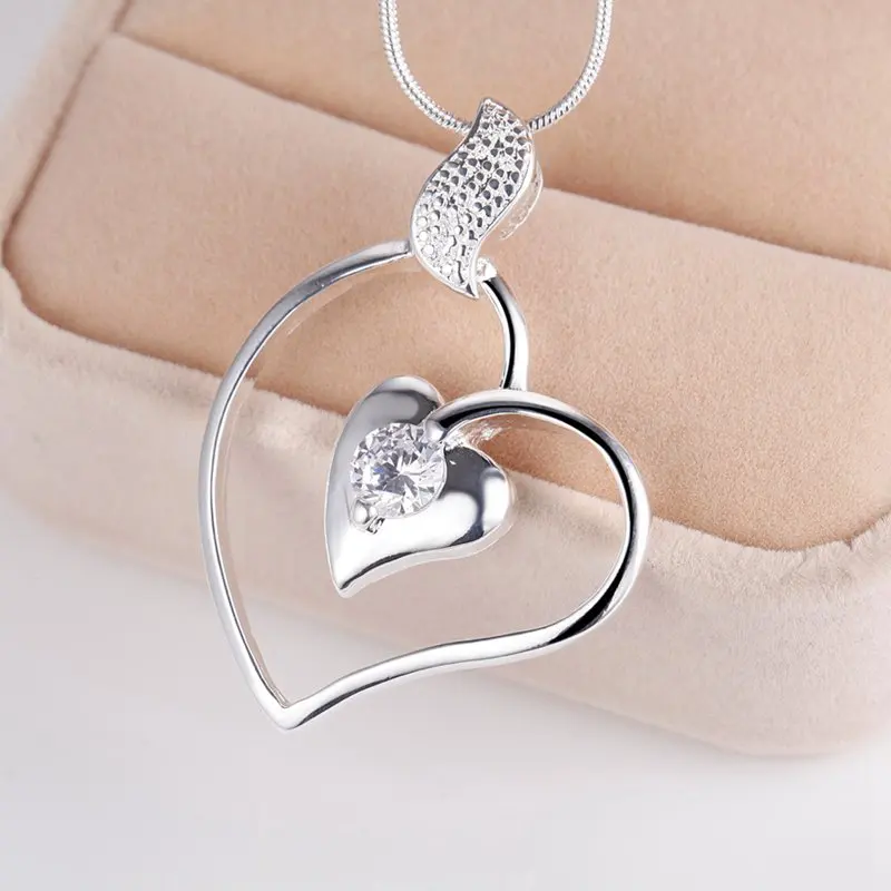 

2016 Silver Jewelry Lovely Romantic Necklace Double Heart For Lover AN159