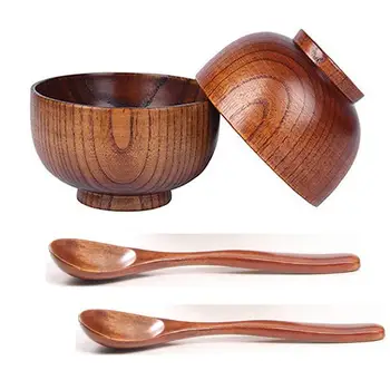 

4 Pieces Wooden Handmade Bowl and Spoon for for Rice Miso Serving Home Kitchen Tableware