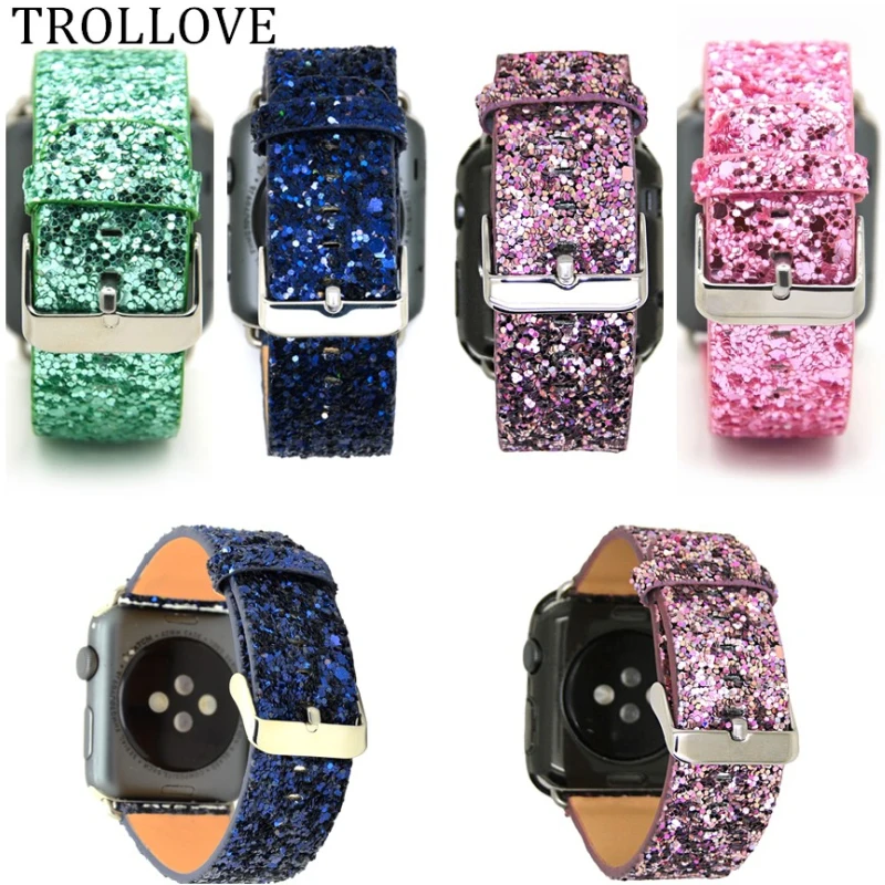 Luxury Bling Glitter Sequins Leather Watch Clasp Band Strap for Apple