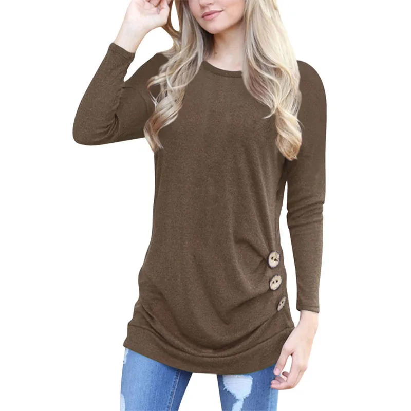 Round neck collar round neck long sleeve cotton button decoration Slim ...