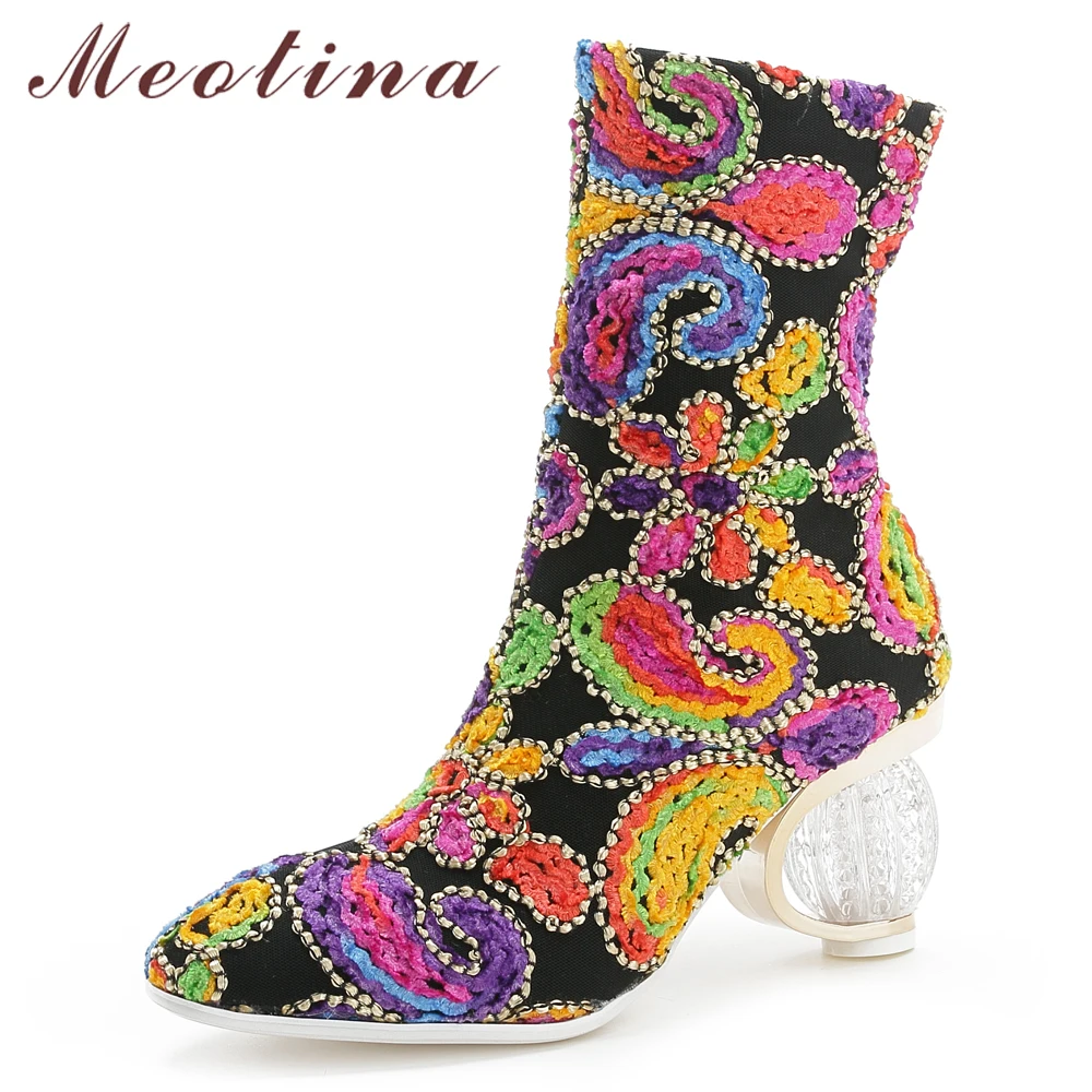 

Meotina Women Ankle Boots Winter Boots Rhinestone Strange Style Heels Short Boots Flower High Heel Shoes Ladies Plus Size 34-43