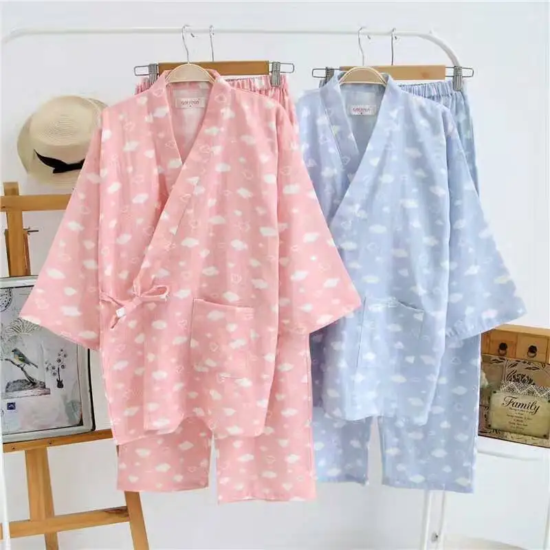 

Japanese Pajamas Sets Simple Kimono Cotton Yukata Girl Cute Loose Nightgown Sleepwear Bathrobe Leisure Wear Steam SPA Homewear
