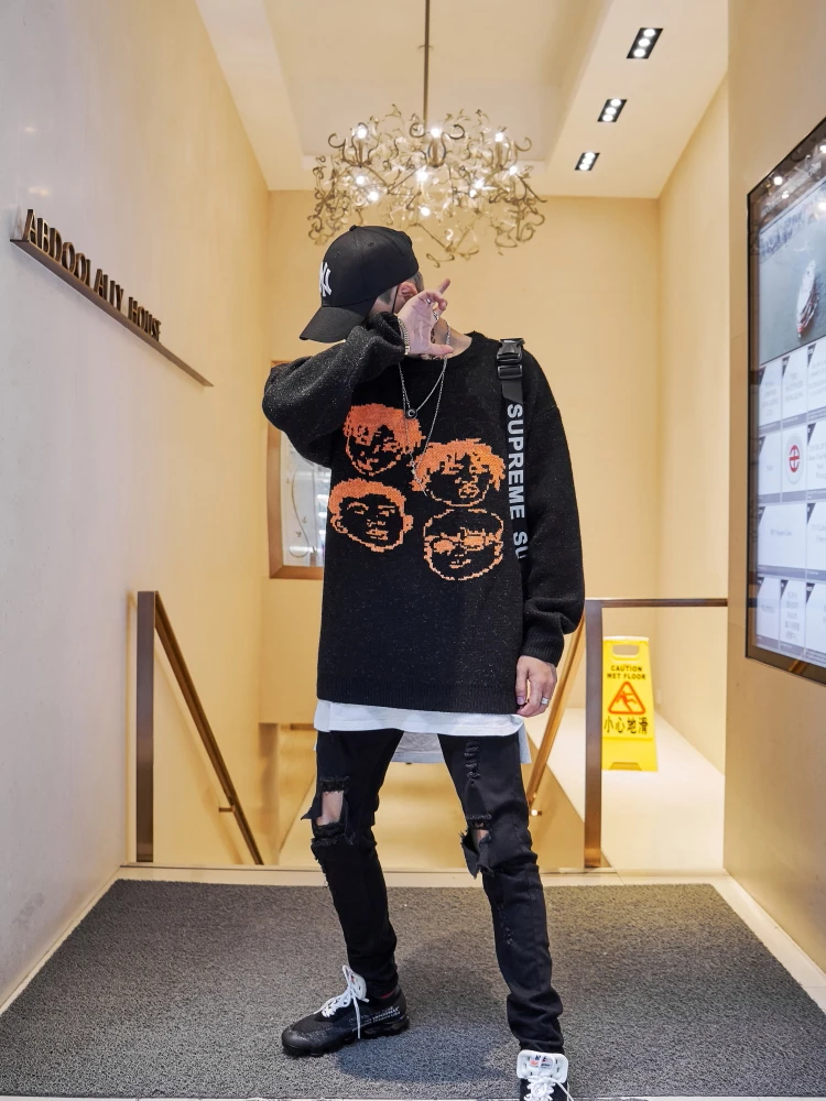 Dark Icon Jacquard Pullover Sweater Men Crew Neck Hip Hop Sweaters Streetwear Cloth Men