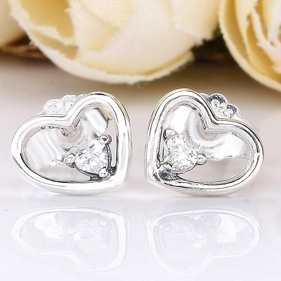 Authentic 925 Sterling Silver Earring Asymmetric Hearts of Love Stud