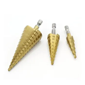 

3pcs/set 4-12/20/32mm Hex Shank Diamter Titanium Coated Straight Slot Step High Speed Steel Step Drill Bits Drop Shipping