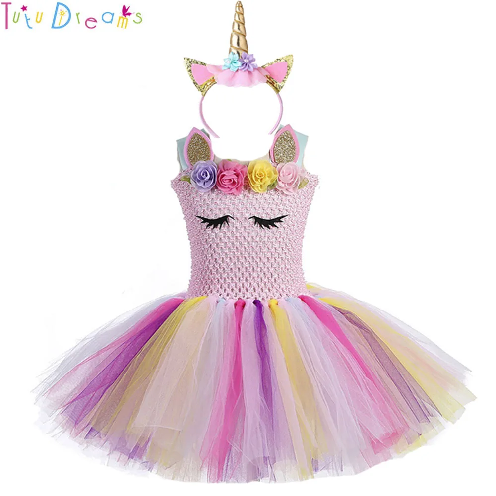 Cute Princess Girl Pastel Unicorn Birthday Tutu Dress with Headband