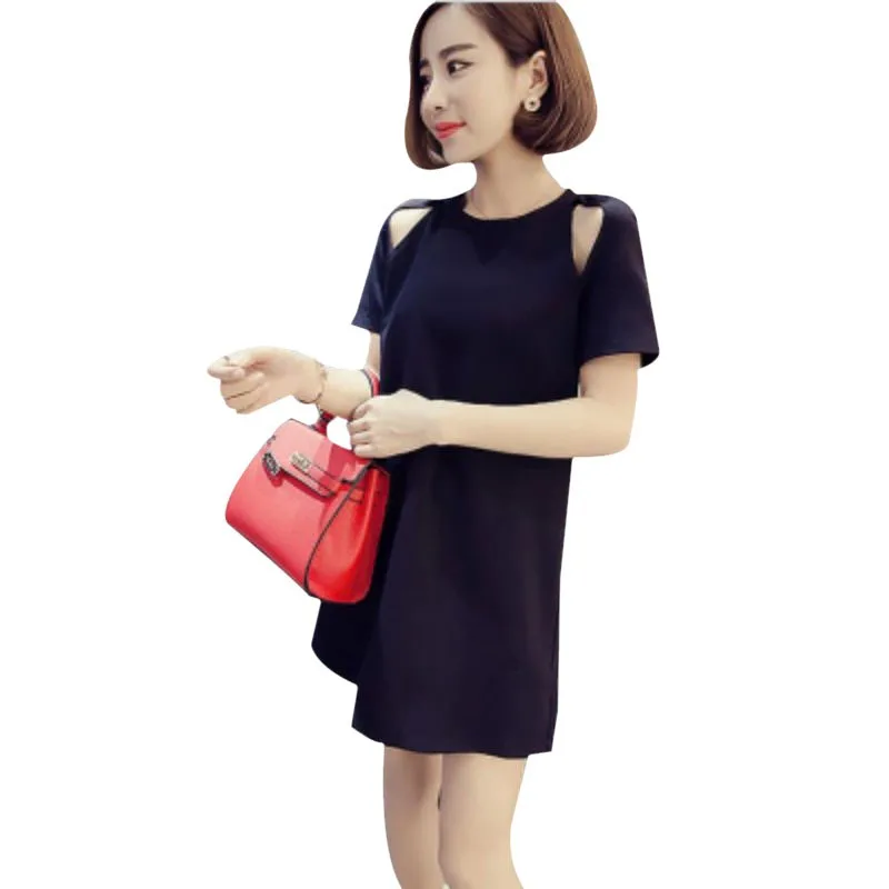 

Black Hollow Summer Dress Women Cold Shoulder O-Neck Short Sleeve Dress Loose Zipper Cotton Dresses Vestidos