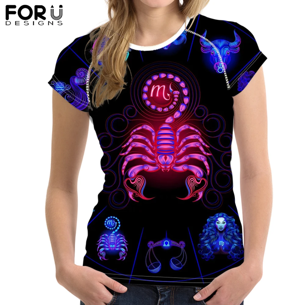 

FORUDESIGNS Summer 12 Constellations Print T Shirt for Women Short Sleeve Female Cool t-shirt Casual Women Tops Dropshipping