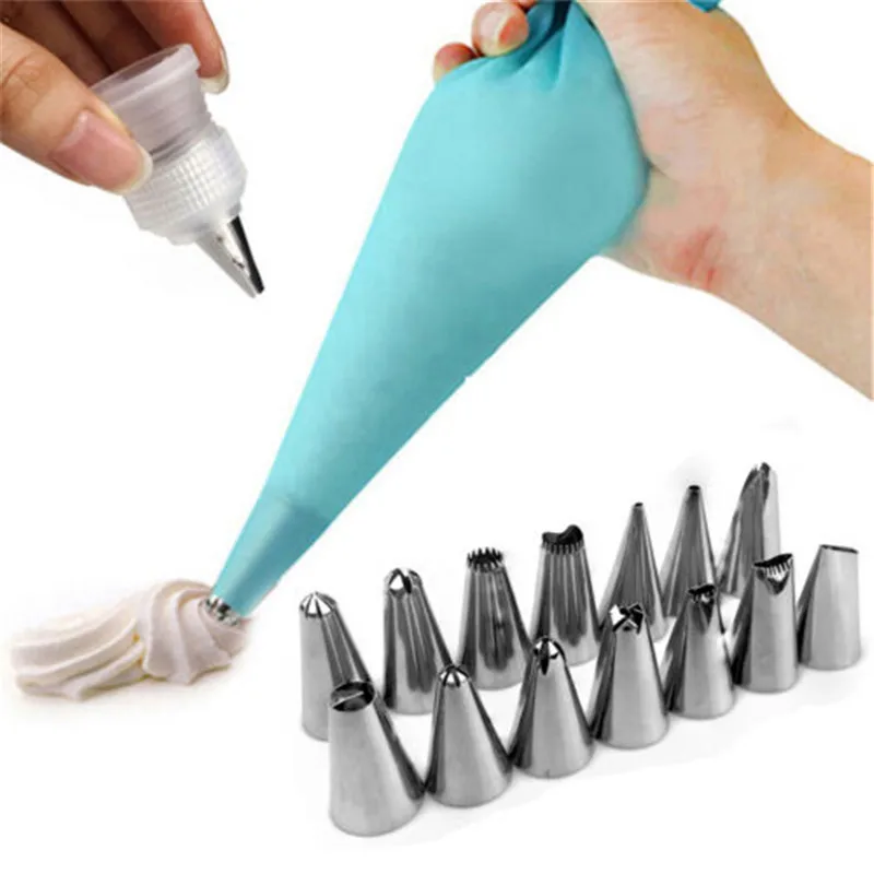 

Silicone DIY Cake Icing Piping Cream Pastry Bags +14Nozzle Sets Decorating Tools Baking Tool Household Cake Utensil