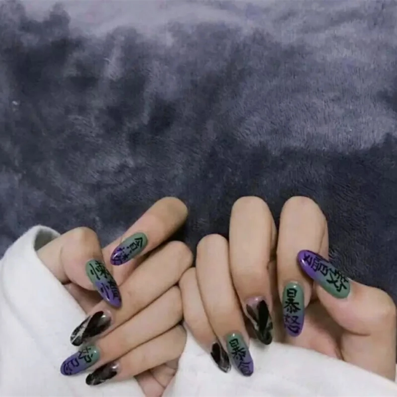 Накладные ногти в американском стиле панк с дизайном, длинные, зеленые, фиолетовые, чистый цвет, накладные ногти с печатным словом, женские накладные ногти