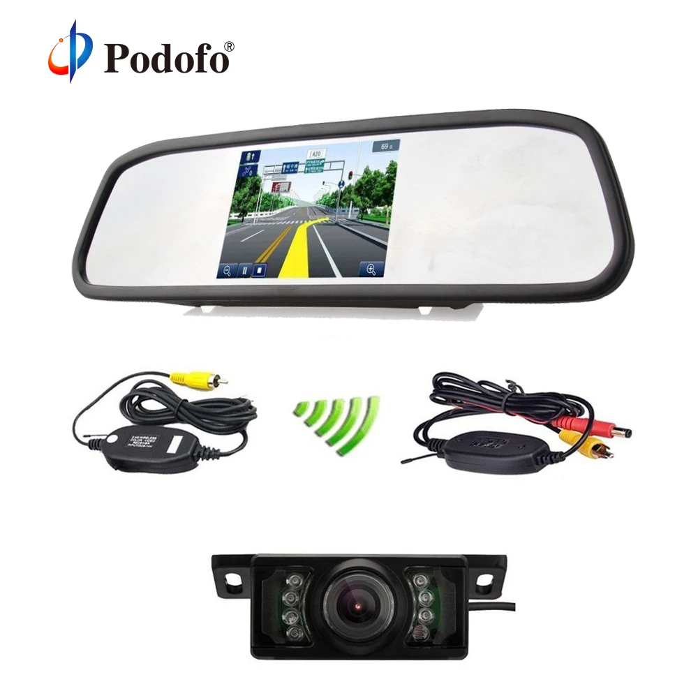 

Podofo Universal Car Rear View Camera Wireless 5" TFT LCD Mirror Rearview Monitor with IR Night Vision Backup Reverse Cameras