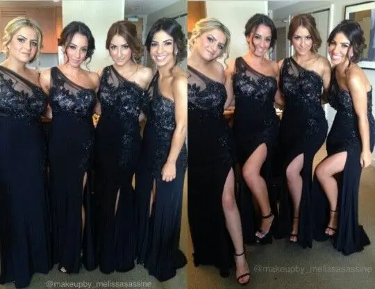 Charming One Shoulder Black Lace Floor Length Bridesmaid Dress Cusom Charming One Shoulder Black Lace Floor Length Bridesmaid Dress Cusom Made Long For Wedding Party