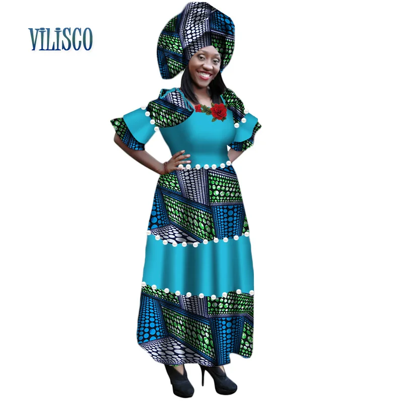 Африканский Базен Riche платья для Для женщин Вечерние Бусы имитация жемчуг вышивка длинное платье плюс Размеры африканская женская одежда