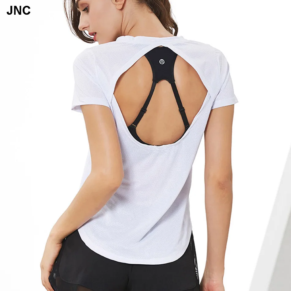 

JNC Open Back Women Yoga Shirt fitness mesh yoga top Reflective Workout Gym Top breathable jogging t shirt quick dry crop top
