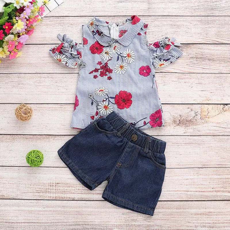 

2019 Summer Baby Girl Clothes Baby Girls Toddler Kids Set Outfits Print Strapless Shoulder Top + Demin Short Pants Clothes 2PCS