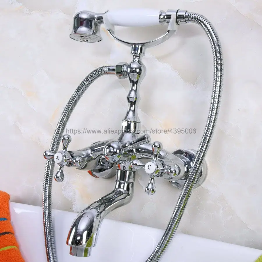 

Polished Chrome Wall Mount Tub Faucet with Handshower Telephone Style Wall Mount Dual Handles Bathtub Sink Mixer Taps Bna199