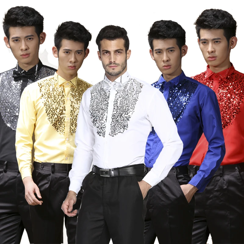 

Mens Fashion Latin Dance Top Long-Sleeved Shirts With Sequins Flash Dance Ballroom Latin Dancing Tops Shirt Male Wedding Dress