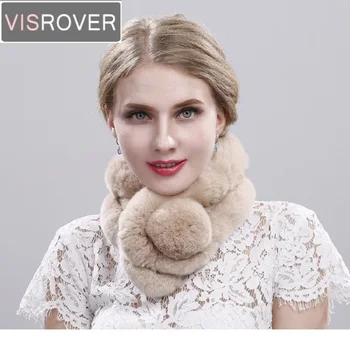 

VISROVER New Real Natural Fur Collar Rex Rabbit Fur Winter Ring Scarf for Women Girl Warm Soft Brand Luxury Cute Pompon Scarves