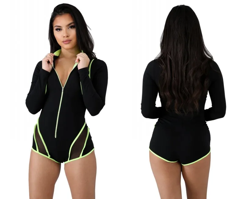Zmvkgsoa неоновый Полосатый Sheer Mesh Bodycon комбинезон для женщин Сексуальная молния с длинным рукавом байкерские Шорты Ночной клуб Y11605